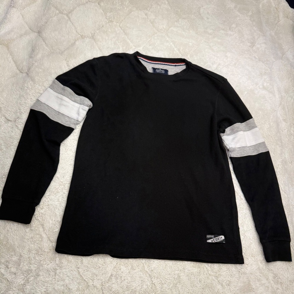 Company 81 Mens Large Black Waffle Thermal Shirt Varsity Stripe Long Sleeve Y2K